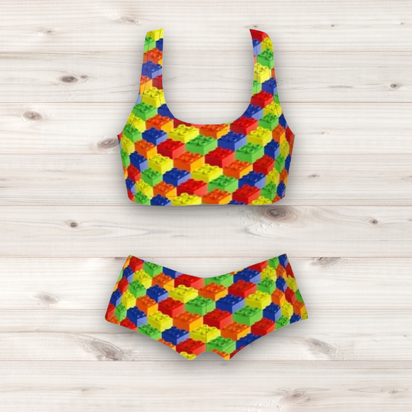 Women's Wrestling Crop Top and Booty Shorts Set - Building Blocks Print