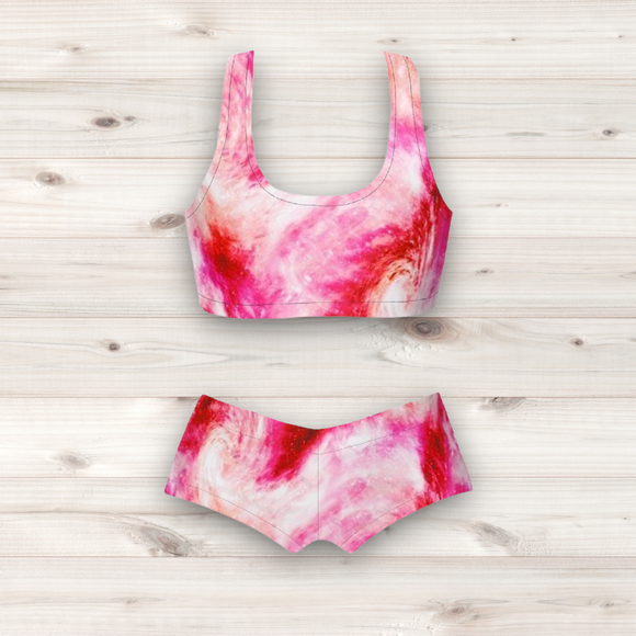 Women's Wrestling Crop Top and Booty Shorts Set - Pink Milky Way Print