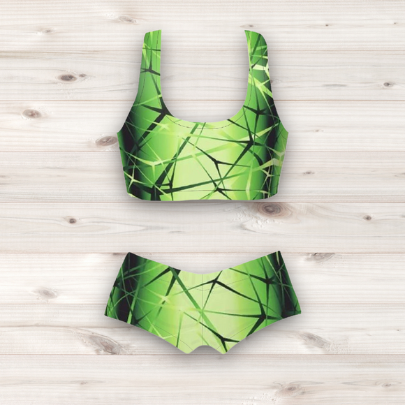 Women's Wrestling Crop Top and Booty Shorts Set - Green Neurons Print