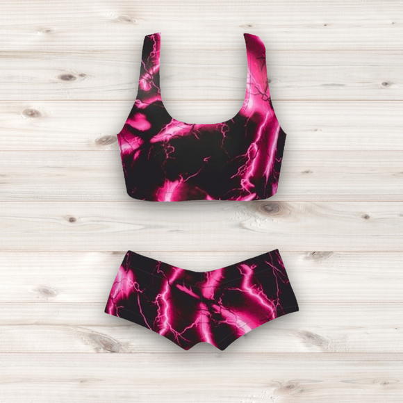 Women's Wrestling Crop Top and Booty Shorts Set - Pink Lightning Print