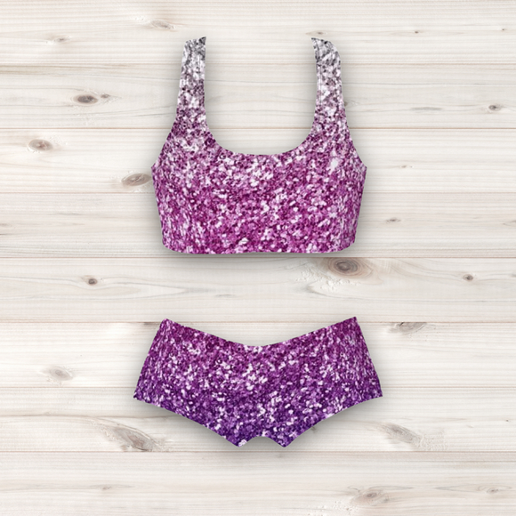 Women's Wrestling Crop Top and Booty Shorts Set - Silver and Purple Ombre Glitter Print
