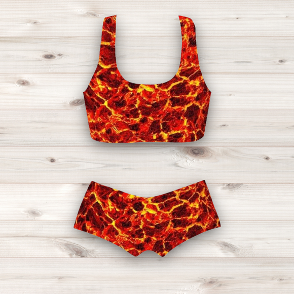 Women's Wrestling Crop Top and Booty Shorts Set - Abyss Fire Print