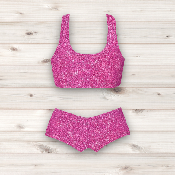 Women's Wrestling Crop Top and Booty Shorts Set - Pink Glitter Print