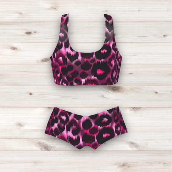 Women's Wrestling Crop Top and Booty Shorts Set - Pink Cheetah Haze Print