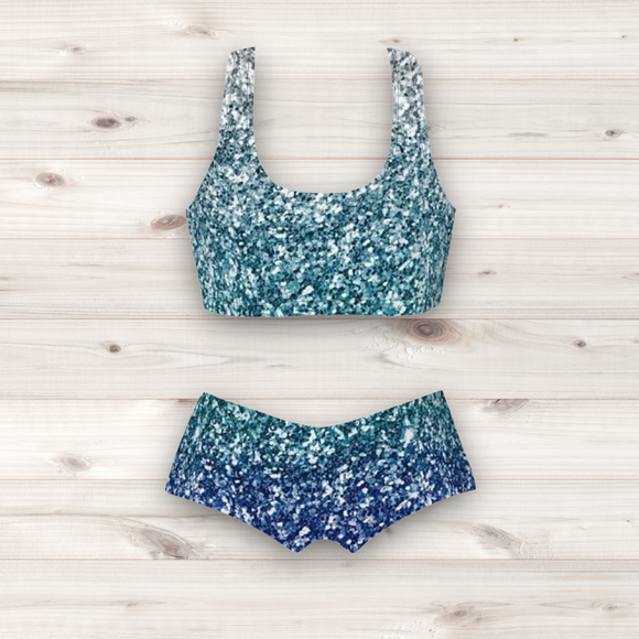 Women's Wrestling Crop Top and Booty Shorts Set - Teal Ombre Glitter Print