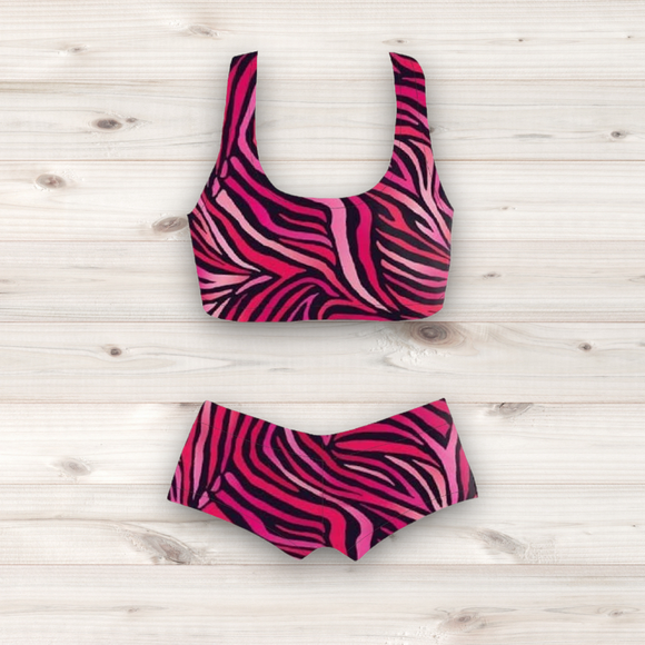 Women's Wrestling Crop Top and Booty Shorts Set - Pink Zebra Print