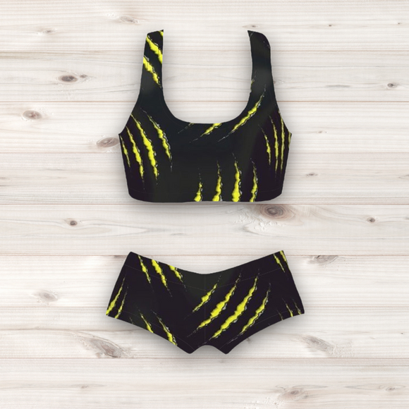 Women's Wrestling Crop Top and Booty Shorts Set - Yellow Claw Print