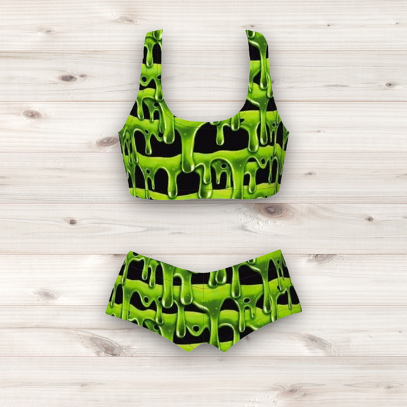 Women's Wrestling Crop Top and Booty Shorts Set - Slime Print