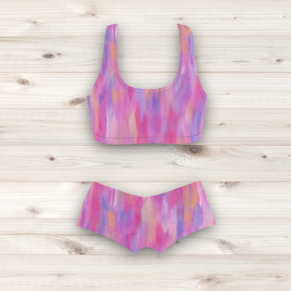 Women's Wrestling Crop Top and Booty Shorts Set - Pink Azure Print