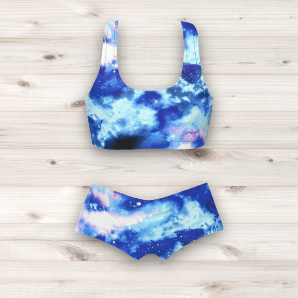 Women's Wrestling Crop Top and Booty Shorts Set - Blue Galaxy Print
