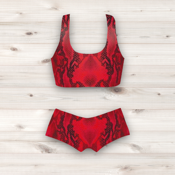 Women's Wrestling Crop Top and Booty Shorts Set - Red Reptile Skin Print