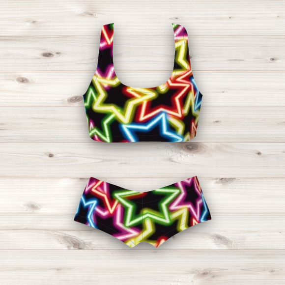 Women's Wrestling Crop Top and Booty Shorts Set - Neon Star Print