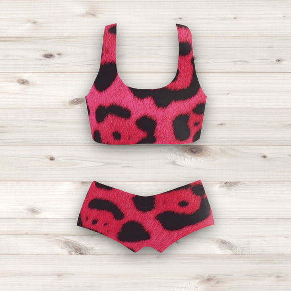 Women's Wrestling Crop Top and Booty Shorts Set - Pink Leopard Spot Print