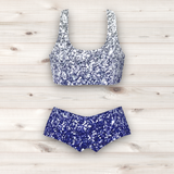 Women's Wrestling Crop Top and Booty Shorts Set -  Navy Ombre Glitter Print