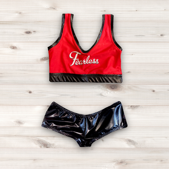 Women's Wrestling Crop Top and Booty Shorts Set - Nikki Top With Leather Look Trim