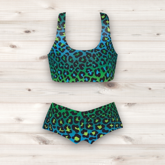 Women's Wrestling Crop Top and Booty Shorts Set - Green Ombre Animal Print
