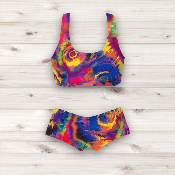 Women's Wrestling Crop Top and Booty Shorts Set - Tie Dye Print