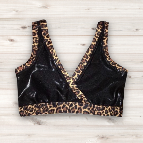 Women's Wrestling Crossover Crop Top - Shiny With Leopard Trim
