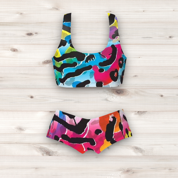 Women's Wrestling Crop Top and Booty Shorts Set - World Party Print