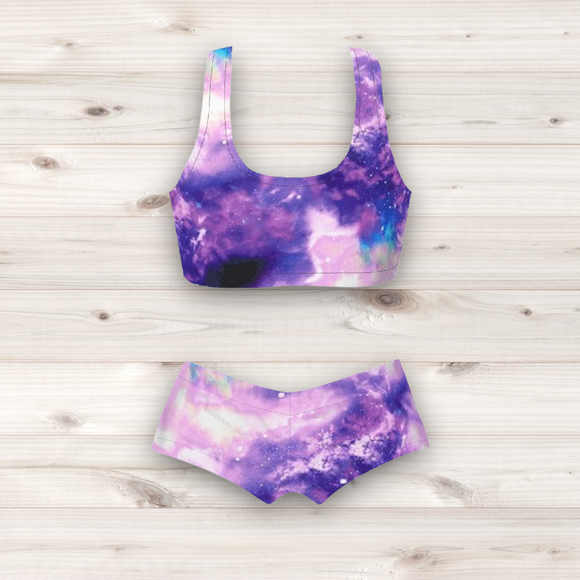 Women's Wrestling Crop Top and Booty Shorts Set - Purple Galaxy Print