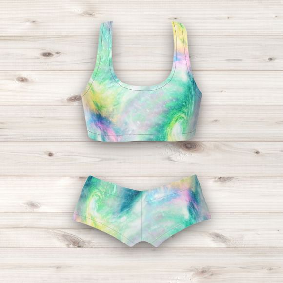 Women's Wrestling Crop Top and Booty Shorts Set - Green Milky Way Print