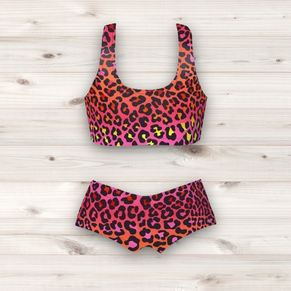 Women's Wrestling Crop Top and Booty Shorts Set - Orange and Pink Ombre Animal Print