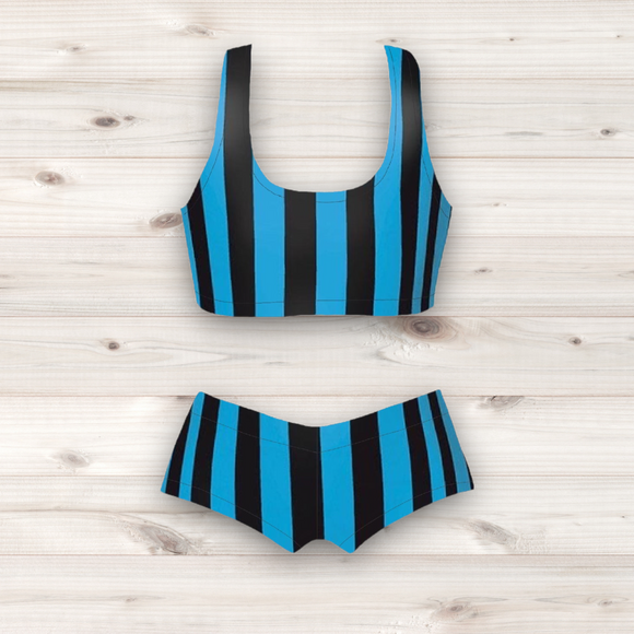 Women's Wrestling Crop Top and Booty Shorts Set - Blue and Black Stripe Print