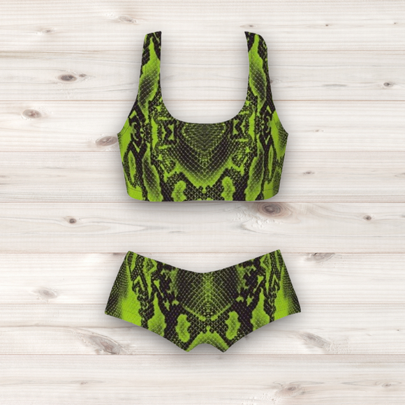 Women's Wrestling Crop Top and Booty Shorts Set - Lime Reptile Skin Print