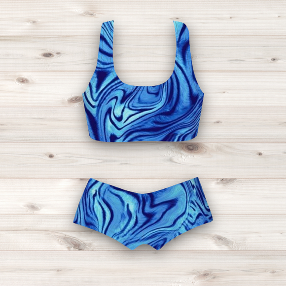 Women's Wrestling Crop Top and Booty Shorts Set - Blue Tiger Swirl Print
