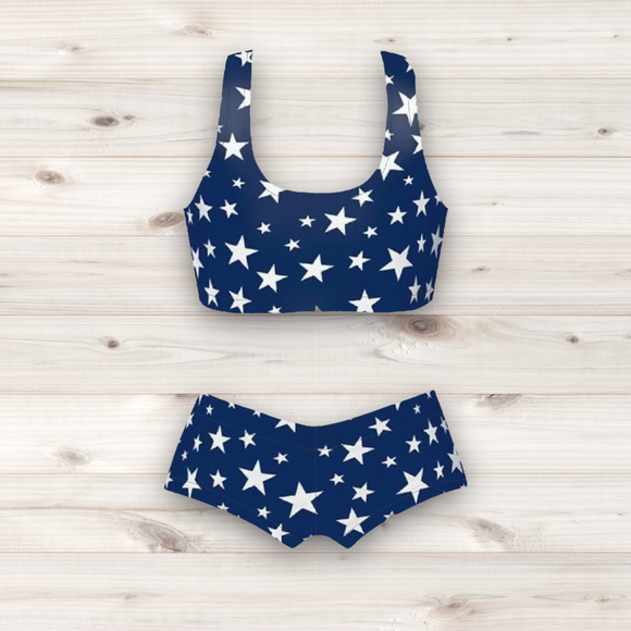 Women's Wrestling Crop Top and Booty Shorts Set - Navy and White Star Print