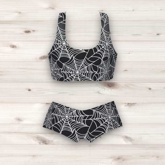 Women's Wrestling Crop Top and Booty Shorts Set - Spiderweb Print