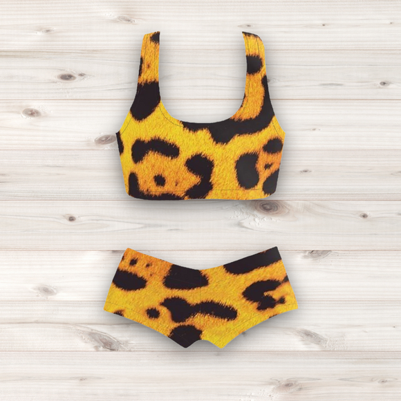 Women's Wrestling Crop Top and Booty Shorts Set - Leopard Spot Print
