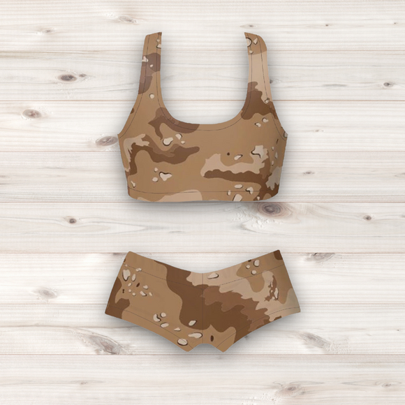 Women's Wrestling Crop Top and Booty Shorts Set - Sand Camo Print