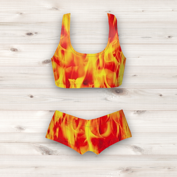 Women's Wrestling Crop Top and Booty Shorts Set - Fire Print
