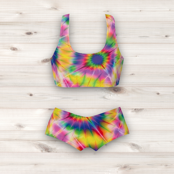 Women's Wrestling Crop Top and Booty Shorts Set - Multi Glow Print