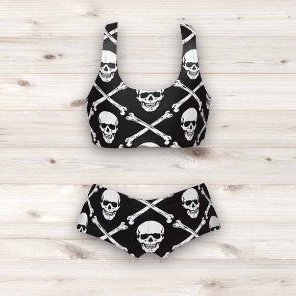 Women's Wrestling Crop Top and Booty Shorts Set - Jolly Roger Print
