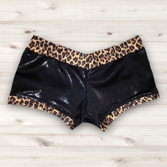 Women's Wrestling Booty Shorts - Shiny With Leopard Trim