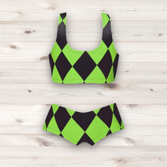 Women's Wrestling Crop Top and Booty Shorts Set - Green Harlequin Print