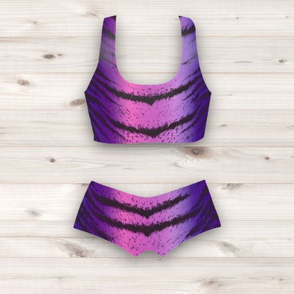 Women's Wrestling Crop Top and Booty Shorts Set -  Purple Bengal Tiger Print