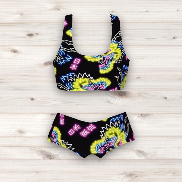 Women's Wrestling Crop Top and Booty Shorts Set - Neon Dragon Print