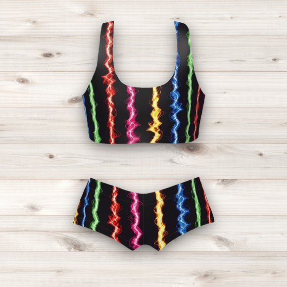 Women's Wrestling Crop Top and Booty Shorts Set - Electric Stripe Print