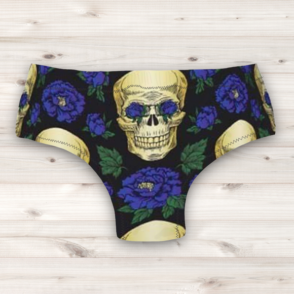 Men's Wrestling Trunks - Blue Skulls and Roses Print