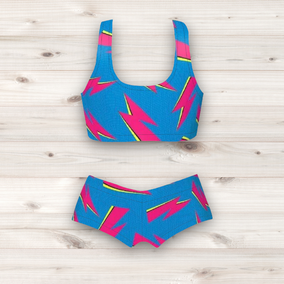 Women's Wrestling Crop Top and Booty Shorts Set - Blue Lightning Bolt Print