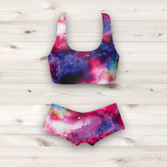 Women's Wrestling Crop Top and Booty Shorts Set - Galaxy Print