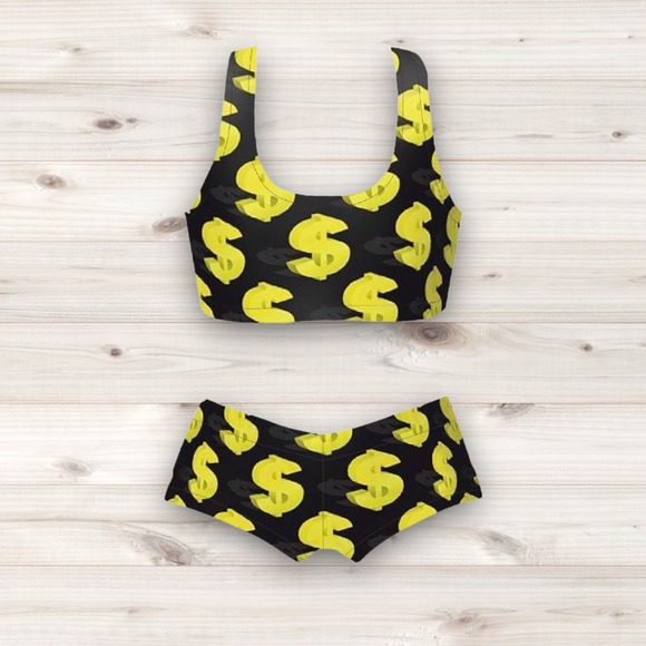 Women's Wrestling Crop Top and Booty Shorts Set - Dollar Sign Print
