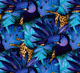 a pattern of blue and green leaves and a toucan