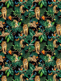 a pattern with leopards and tropical leaves on a black background
