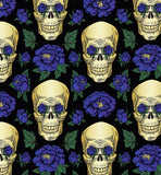 a pattern of skulls and flowers on a black background