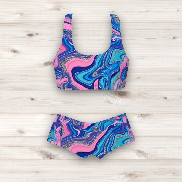 Women's Wrestling Crop Top and Booty Shorts Set - Glitter Swirl Print