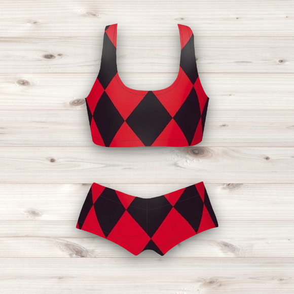 Women's Wrestling Crop Top and Booty Shorts Set - Red Harlequin Print